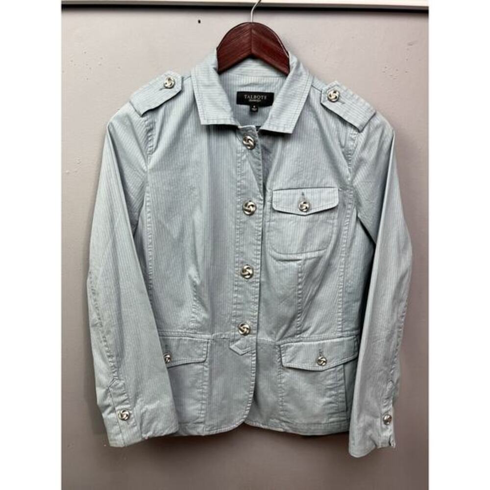 Talbots Blazer Jacket Womens Size‎ 8 Blue striped Four Button Pockets Cotton